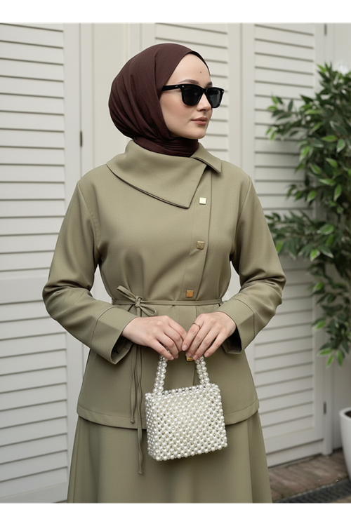 Çapraz Düğmeli Etekli Takım-Açık Haki