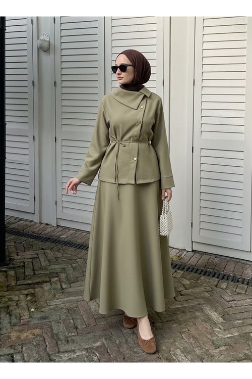 Çapraz Düğmeli Etekli Takım-Açık Haki