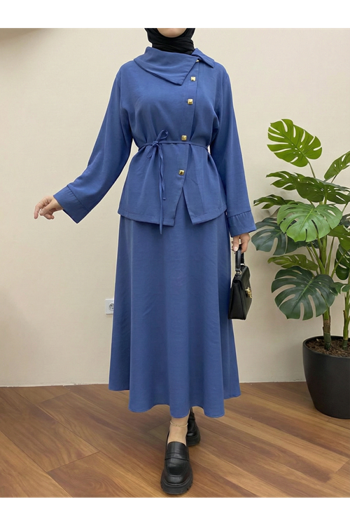 Çapraz Düğmeli Etekli Takım-İndigo