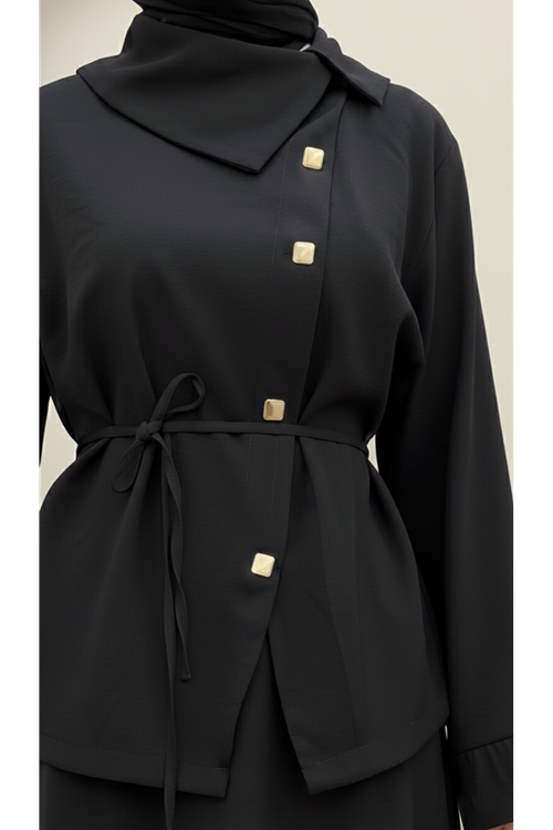 Çapraz Düğmeli Etekli Takım-Siyah