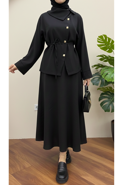 Çapraz Düğmeli Etekli Takım-Siyah