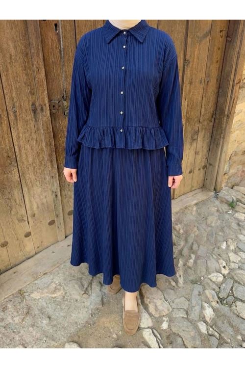 Büzgü Detay Etekli Takım-Lacivert