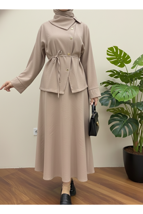 Çapraz Düğmeli Etekli Takım-Vizon