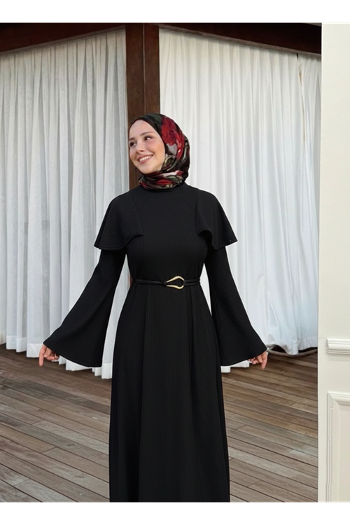 Omuzlar Aller Detay Elbise-Siyah