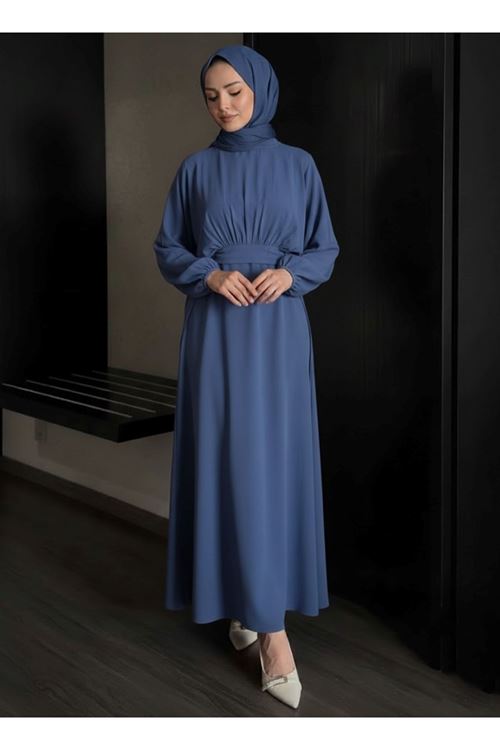 Bağlamalı İkili Elbise-İndigo