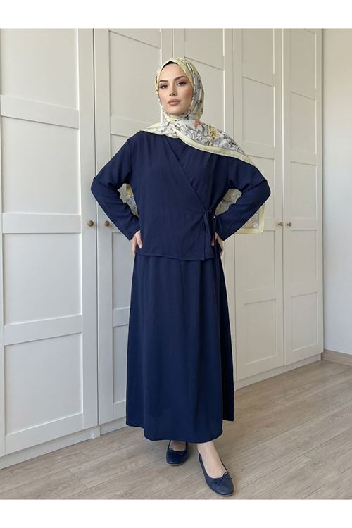 Yan Bağlamalı İkili Elbise-Lacivert