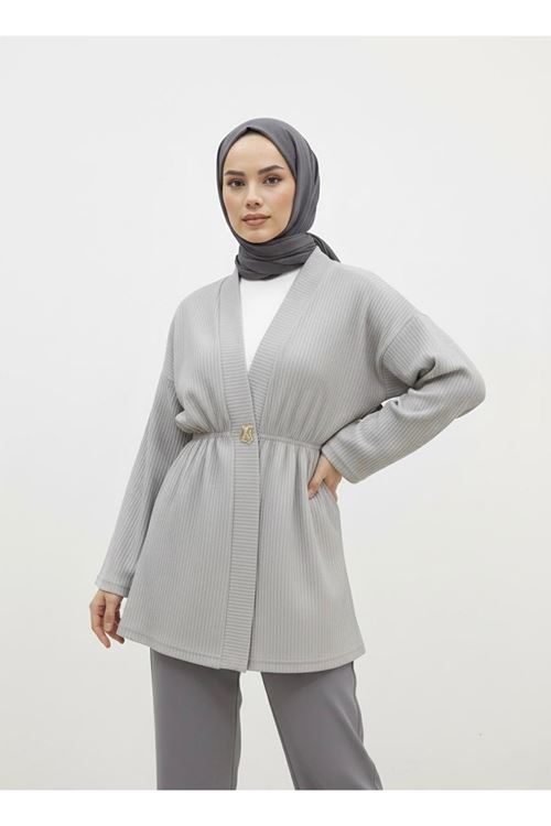 Düğme Detay Hırka-Gri