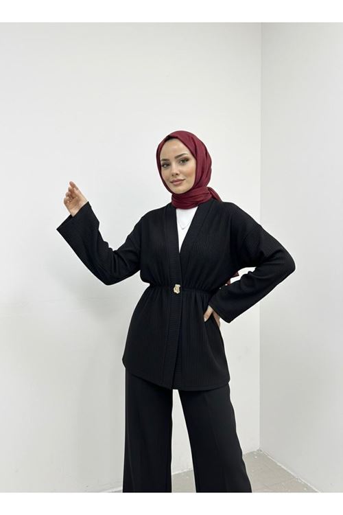 Düğme Detay Hırka-Siyah