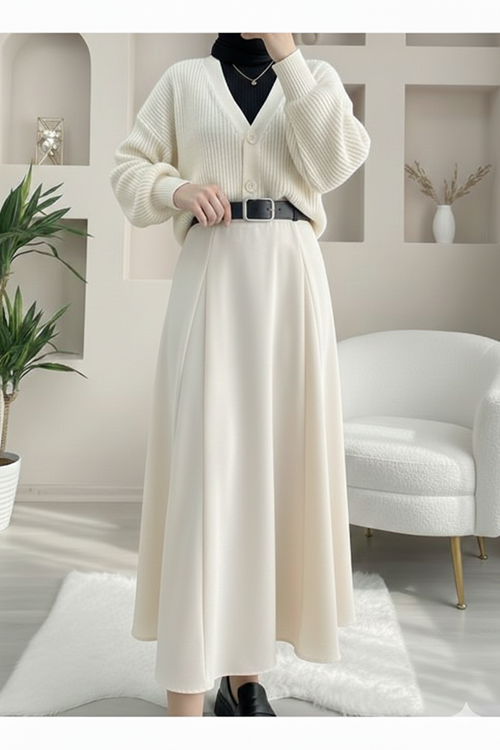 Kelebek Detaylı Dabıl Etek-Krem