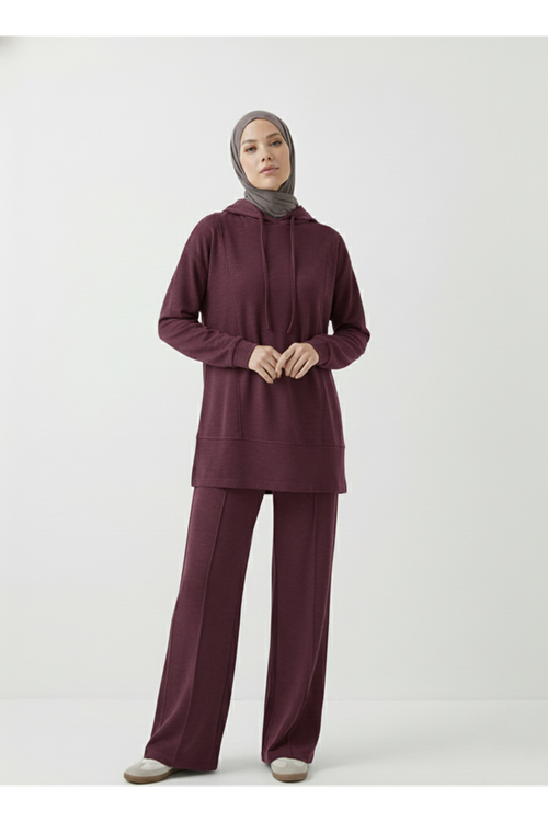 Kapşonlu Ön Parçalı Pantolonlu Takım-Bordo