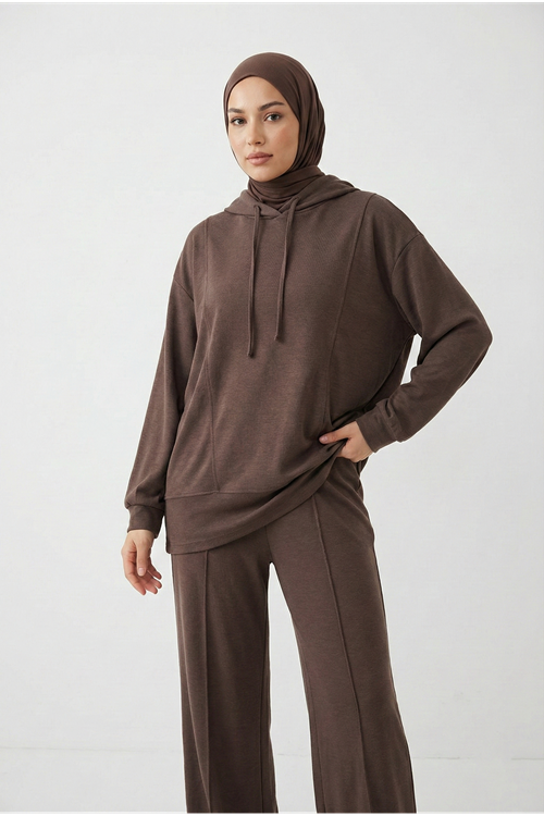 Kapşonlu Ön Parçalı Pantolonlu Takım-Kahve