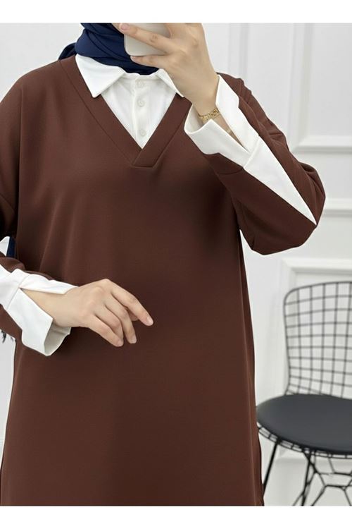 Beyaz Yaka Kol Garnili Takım-Kahve