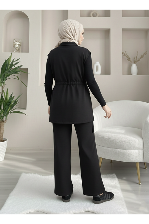 Fermuarlı Cep Detay Yelekli Takım-Siyah