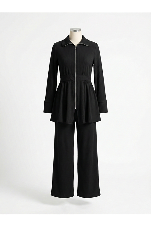 Fermuarlı Bel Hareket Detay Takım-Siyah