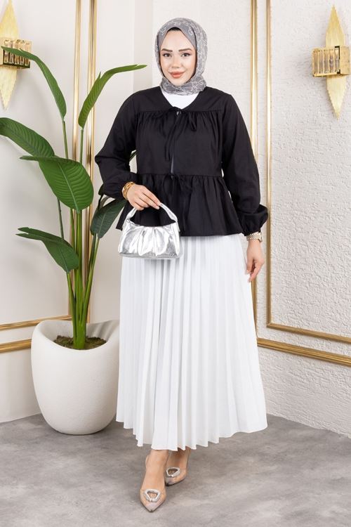 Ara Biyeli Ön Bağlamalı Tunik-Siyah