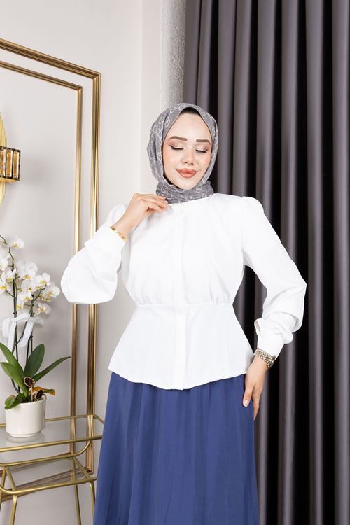 Bel Büzgülü Tunik-Ekru