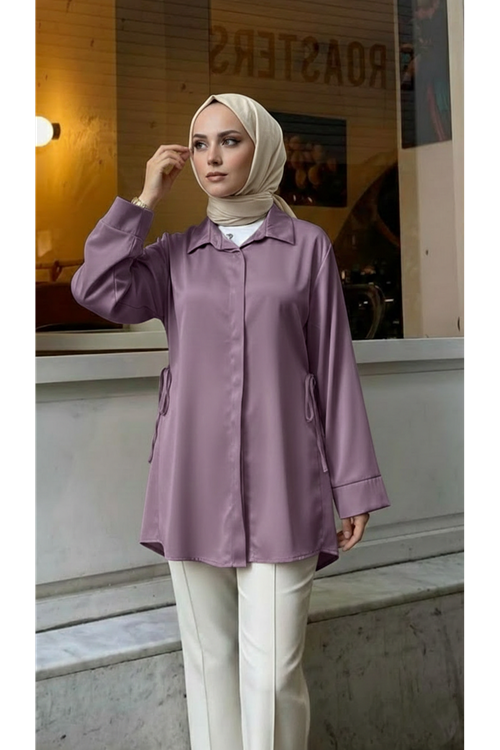 Yan Bağlamalı Saten Tunik-Gül Kurusu