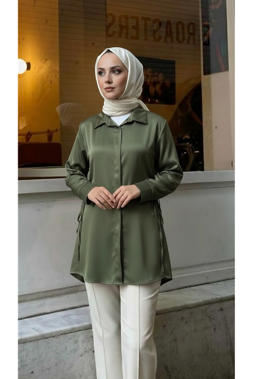Yan Bağlamalı Saten Tunik-Haki