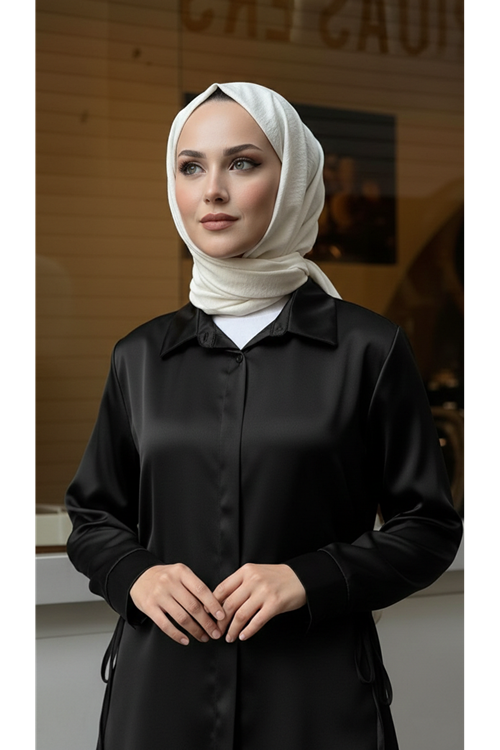 Yan Bağlamalı Saten Tunik-Siyah