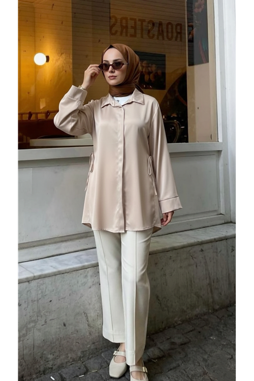 Yan Bağlamalı Saten Tunik-Taş