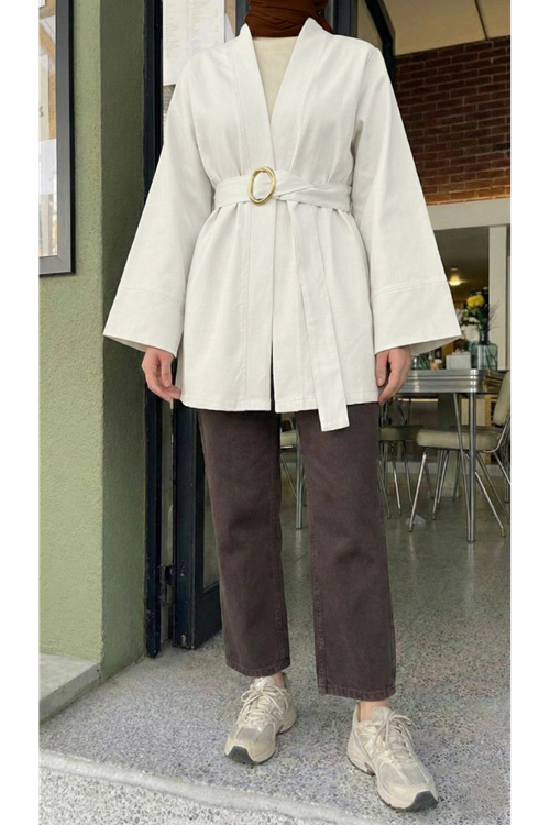 Geniş Manşet Kuşak Detay Ceket-Ekru