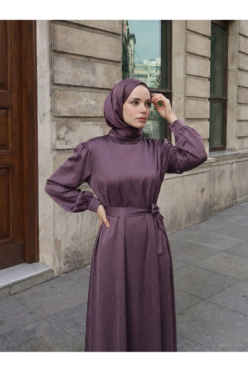 Saten Taşlı Elbise-Gül Kurusu