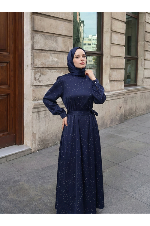 Saten Taşlı Elbise-Lacivert