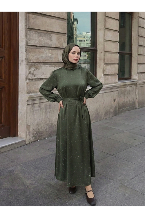 Saten Taşlı Elbise-Haki
