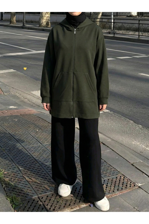 Kapşonlu Fermuar Detay Hırka-Haki