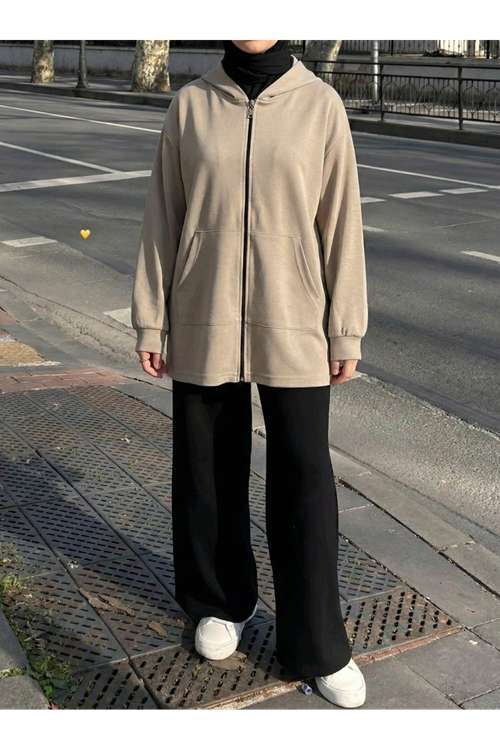 Kapşonlu Fermuar Detay Hırka-Taş