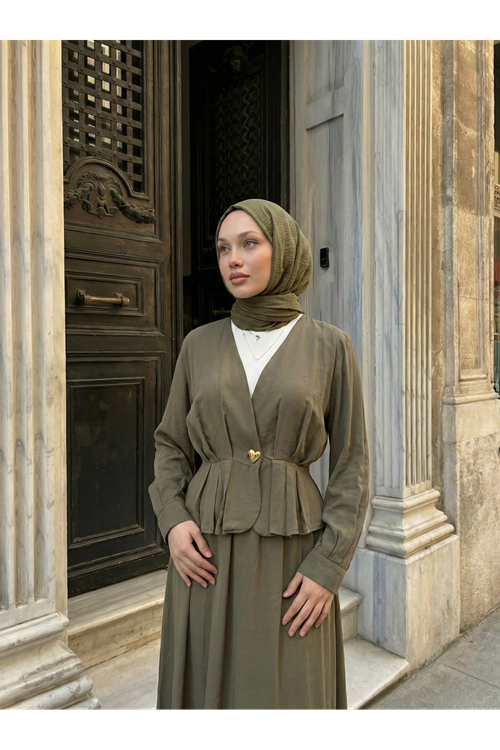 Ceket Düğme Detay Etekli Takım-Haki