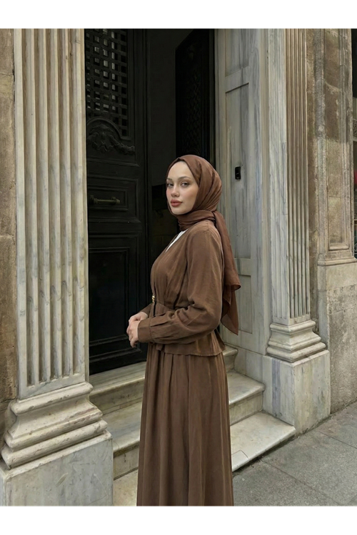 Ceket Düğme Detay Etekli Takım-Kahve