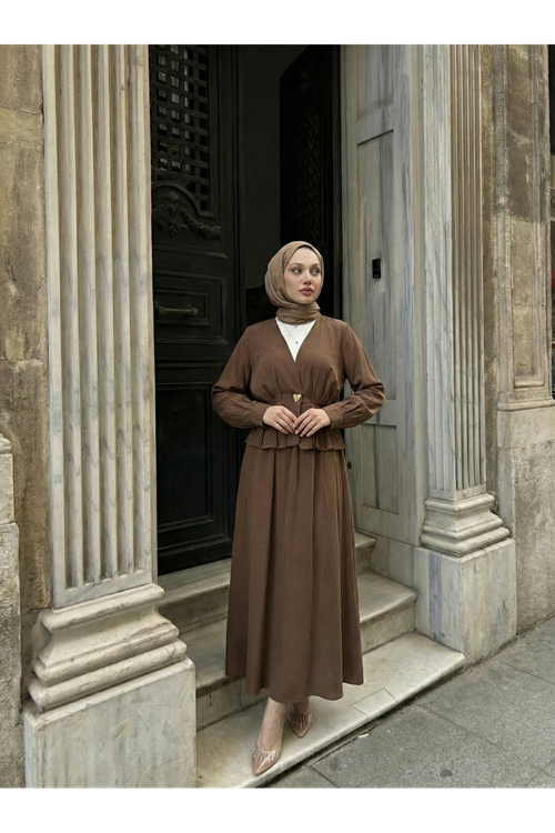 Ceket Düğme Detay Etekli Takım-Kahve