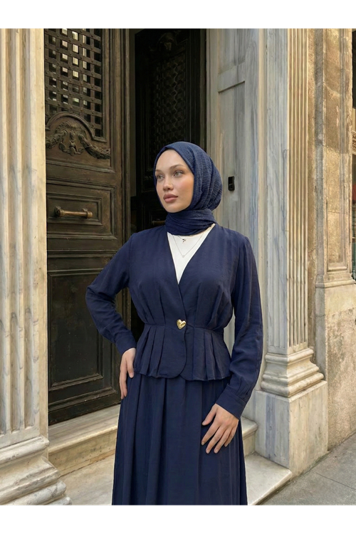 Ceket Düğme Detay Etekli Takım-Lacivert