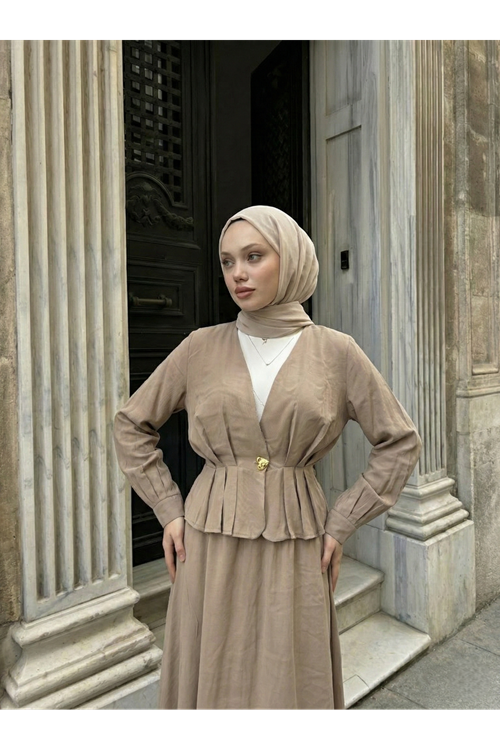 Ceket Düğme Detay Etekli Takım-Vizon