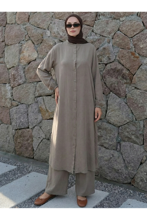 Hakim Yaka Uzun Pantolonlu Takım-Vizon