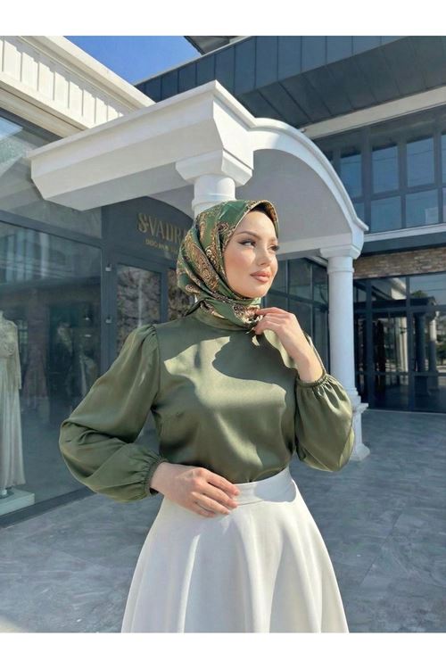 Kadın Haki Arka Fermuar Detay Saten Tsettür Bluz Tunik 