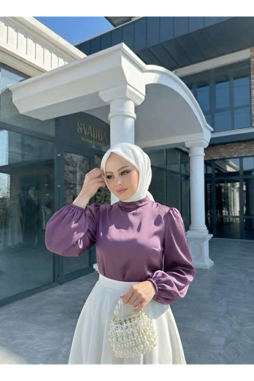 Kadın Gül Kurusu Arka Fermuar Detay Saten Tsettür Bluz Tunik 