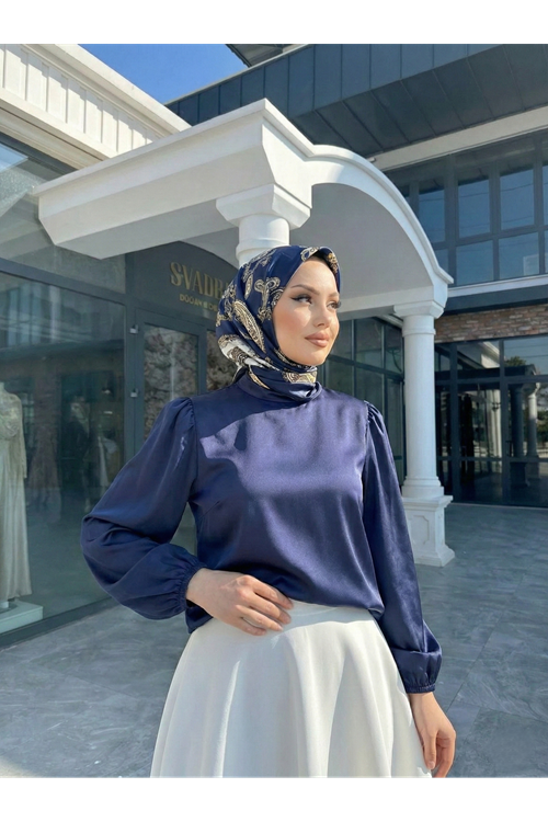 Arka Fermuar Detay Saten Tunik-Lacivert