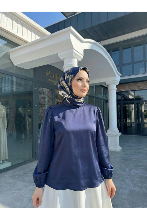 Kadın Lacivert Arka Fermuar Detay Saten Tsettür Bluz Tunik 