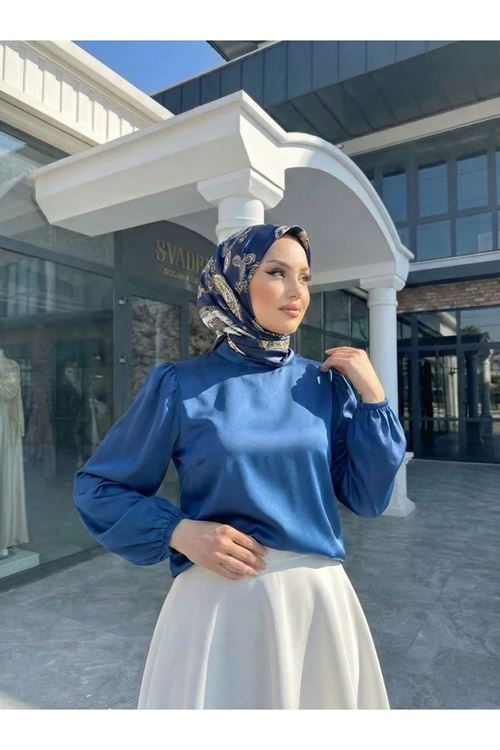 Kadın Petrol Mavisi  Arka Fermuar Detay Saten Tsettür Bluz Tunik 
