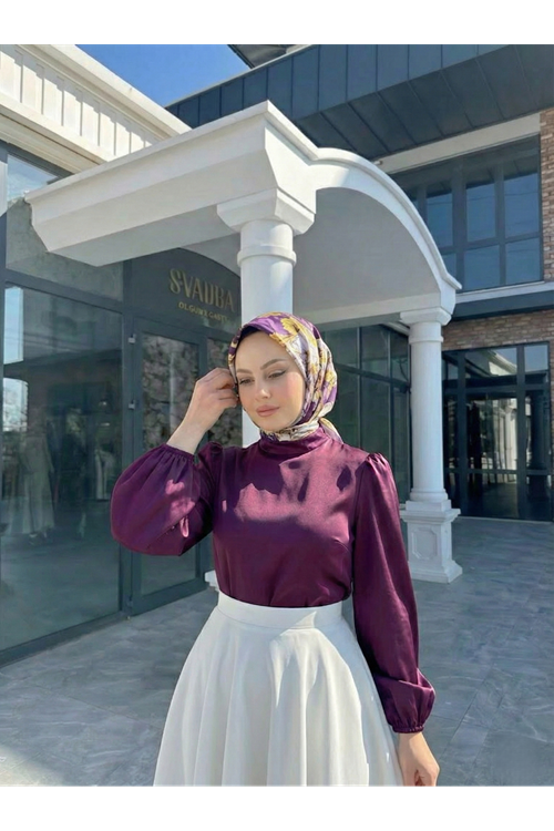 Arka Fermuar Detay Saten Tunik-Mürdüm