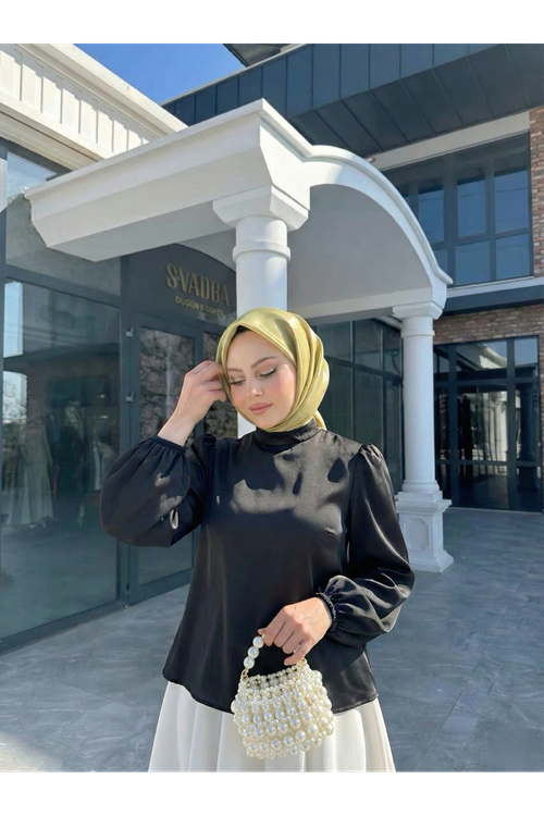 Kadın Siyah  Arka Fermuar Detay Saten Tsettür Bluz Tunik 