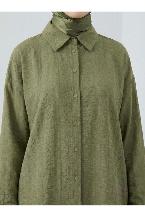 Geniş Raporlu Jakar Keten Tunik-Haki