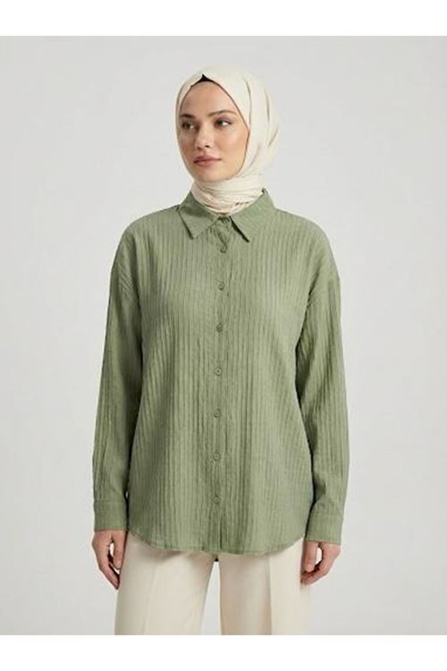 Çizgi Raporlu Keten Tunik-Haki