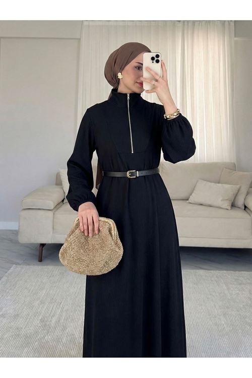 Fermuar Detay Elbise-Siyah