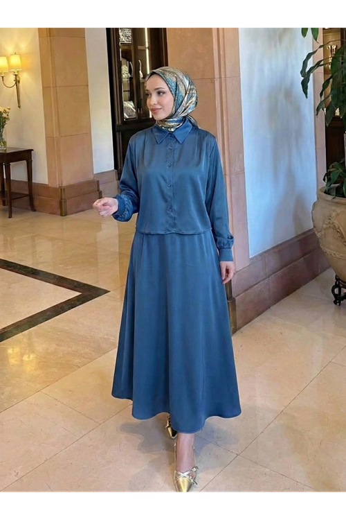 Omuz Pile Detay Saten Etekli Takım-Petrol Mavisi