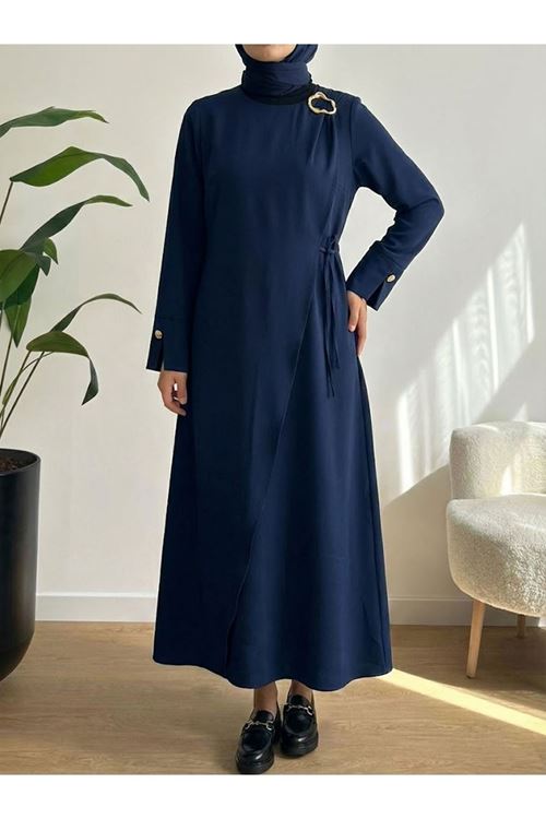 Omuz Ve Manşet Detaylı Elbise-Lacivert