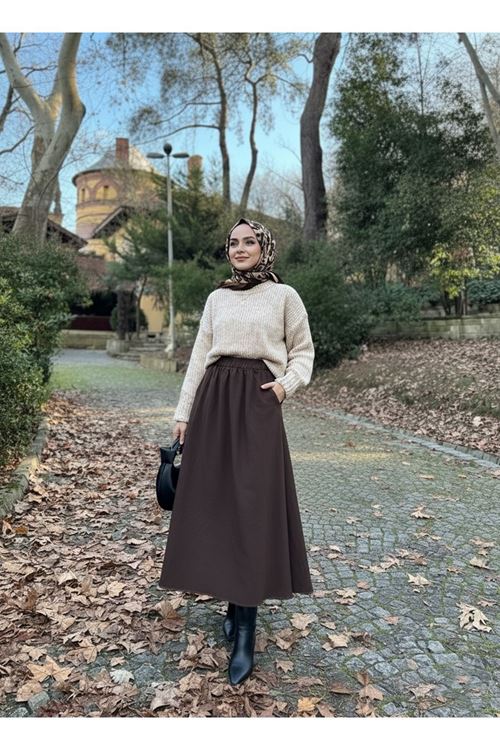 Cepli Bel Lastikli Etek-Kahve