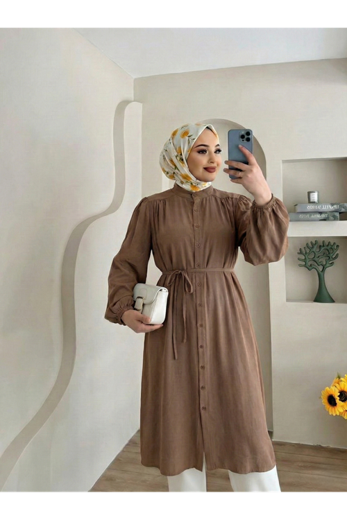 Hakim Yaka Omuz Büzgü Uzun Tunik-Kahve